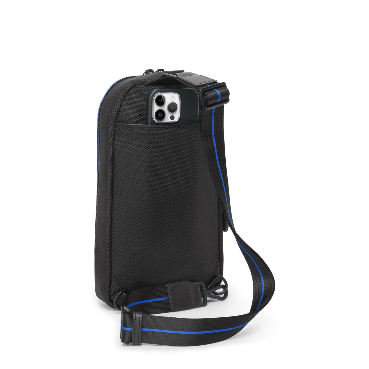 Tumi Alpha Sling Bag in black ballistic nylon with blue