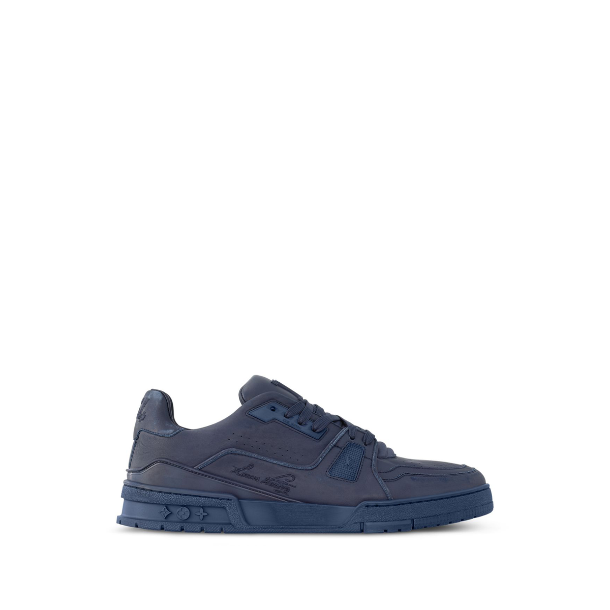 Louis Vuitton LV Trainer Distressed Sneaker in navy blue is crafted from vintage