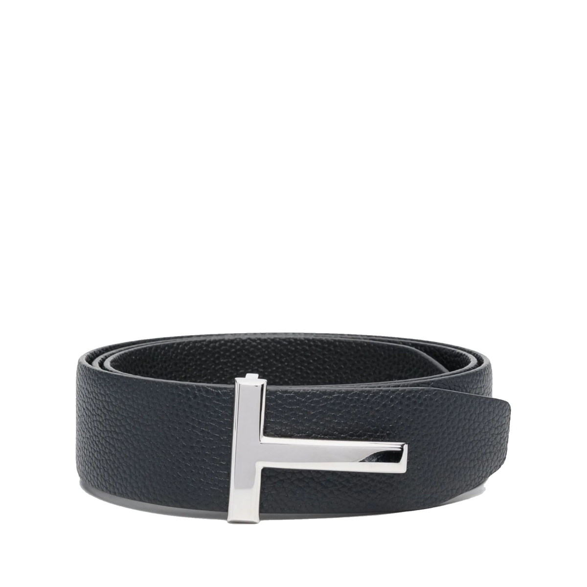 Tom Ford T Icon leather belt featuring a polished silver tone T shaped buckle — view 1