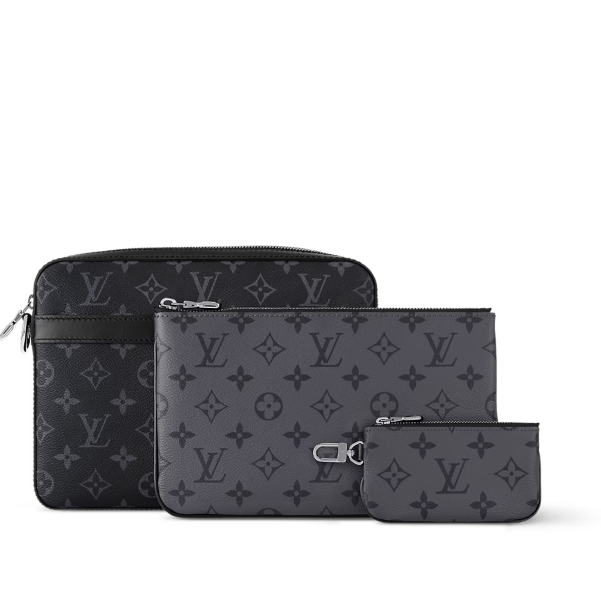 Louis Vuitton Trio Messenger bag in Monogram Eclipse canvas features a hybrid gray on gray patterned