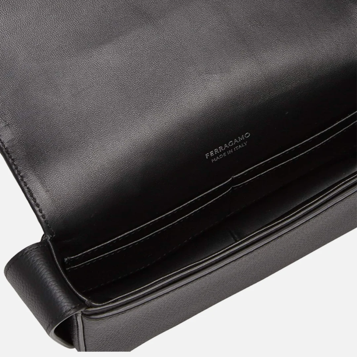 Ferragamo Gancini Buckle Leather Messenger Bag in black calfskin
