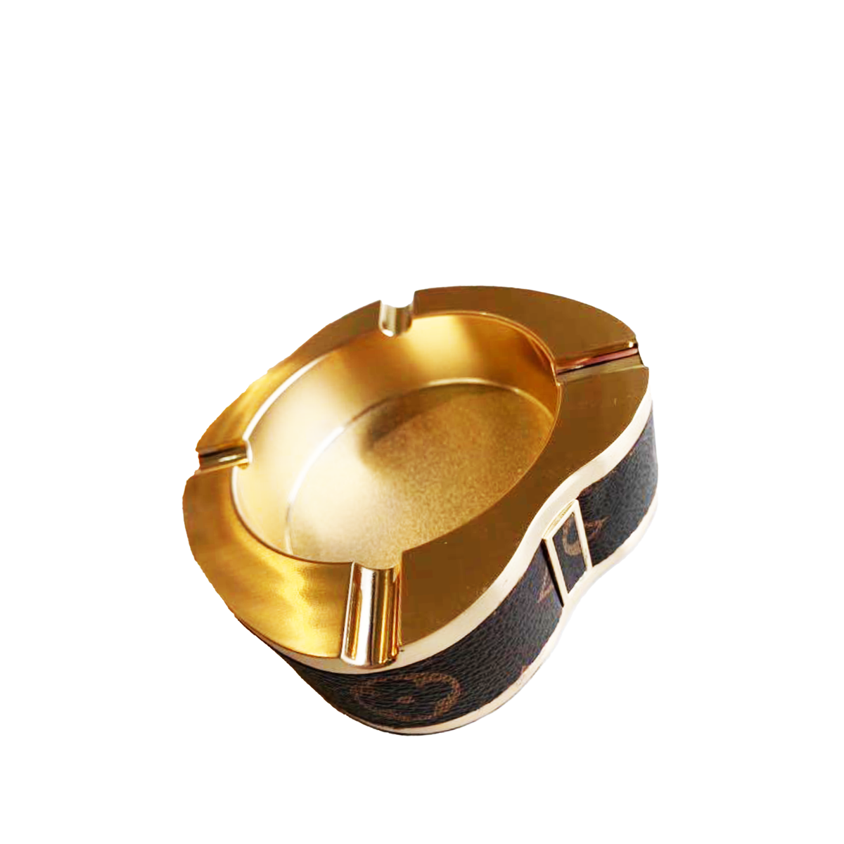 Louis vuitton luxury style decorative ashtray featuring a polished gold tone — view 1