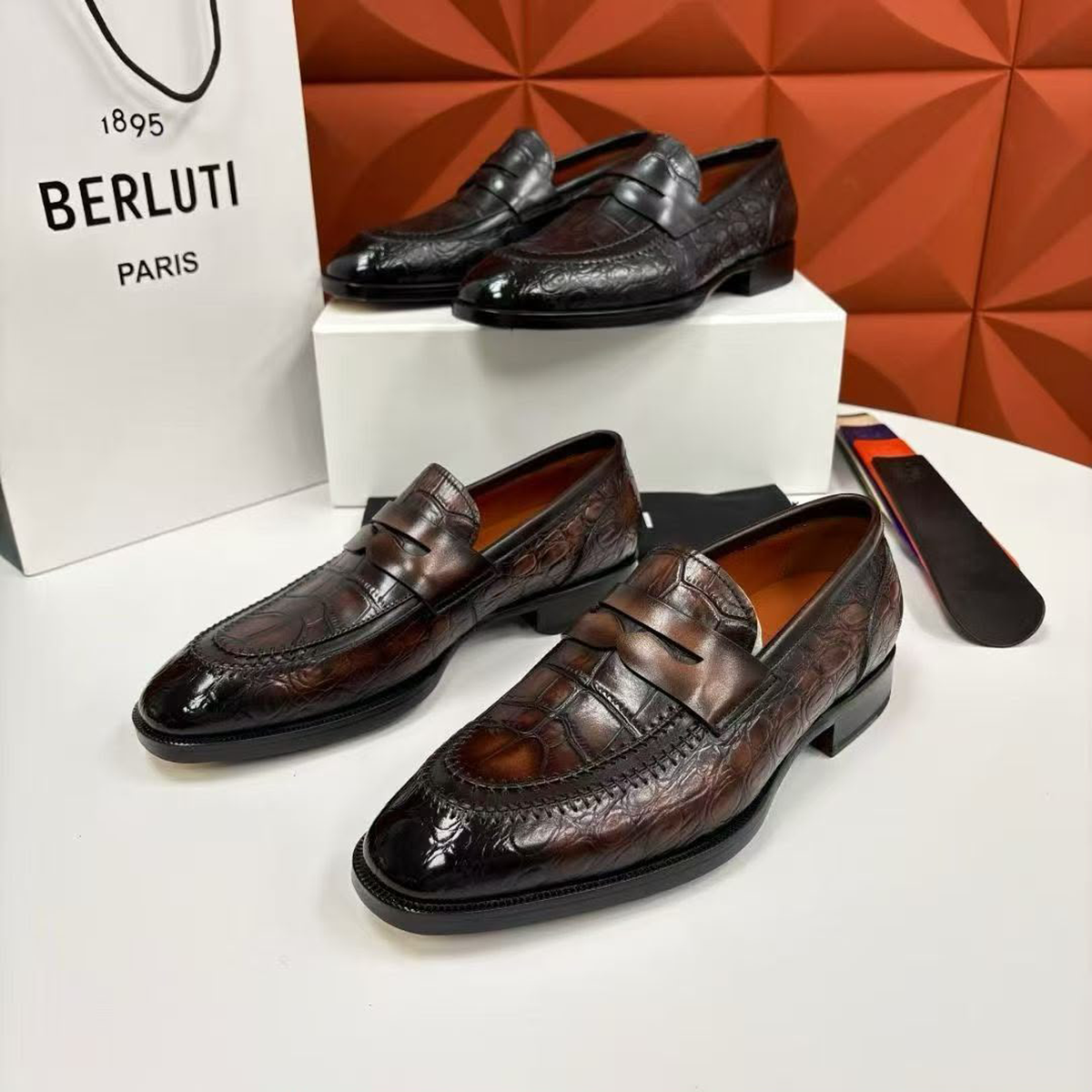 Berluti Paris croc embossed loafers feature a brown leather