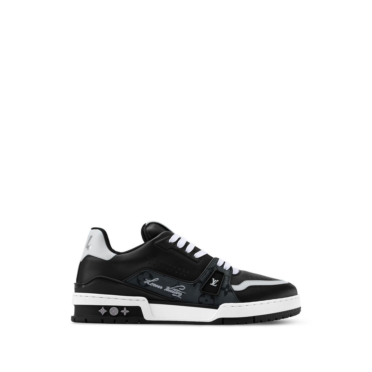 Louis Vuitton LV Trainer is a luxury sneaker featuring a black grey and white