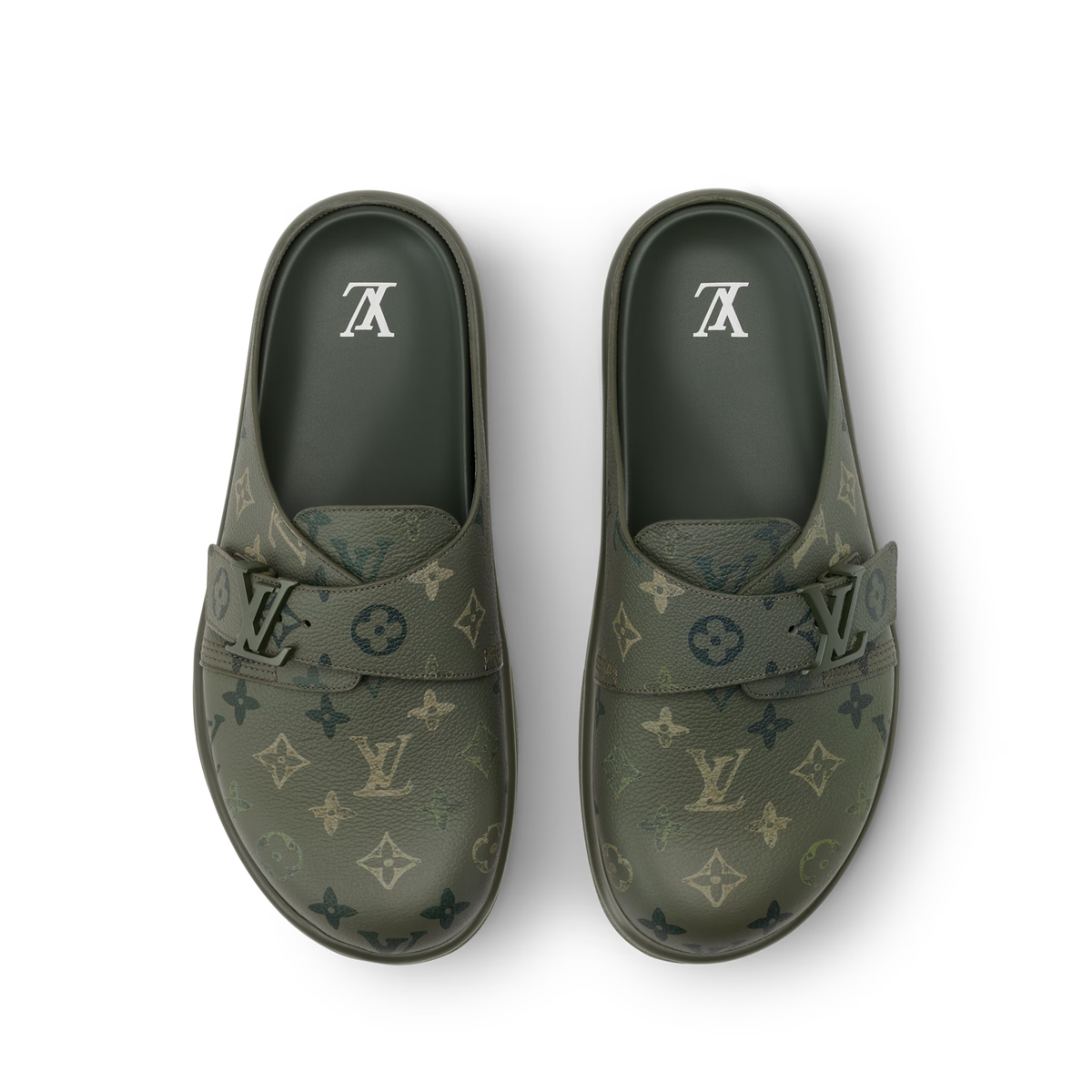 Louis Vuitton LV Easy Mules in the khaki Monogram Surplus pattern