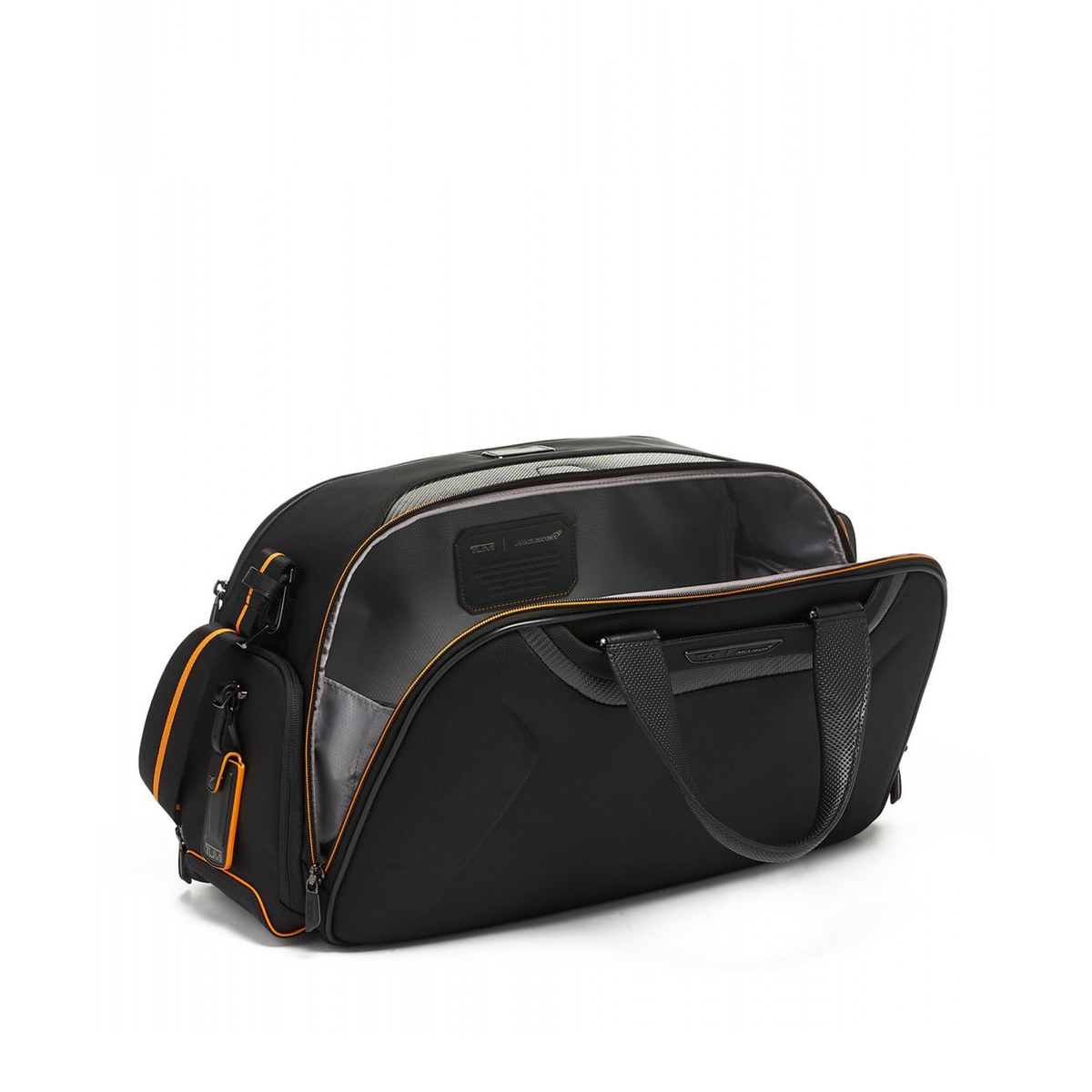 TUMI McLaren Quantum Duffel Bag in black with signature papaya orange accents — view 3