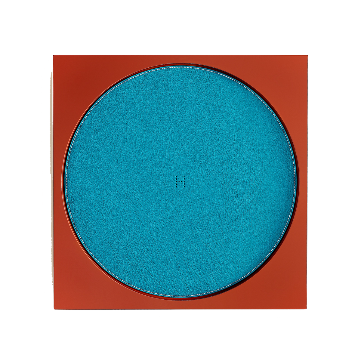 Hermès Manege Square Centerpiece in hand lacquered paprika wood with a bright blue circular leather — view 1