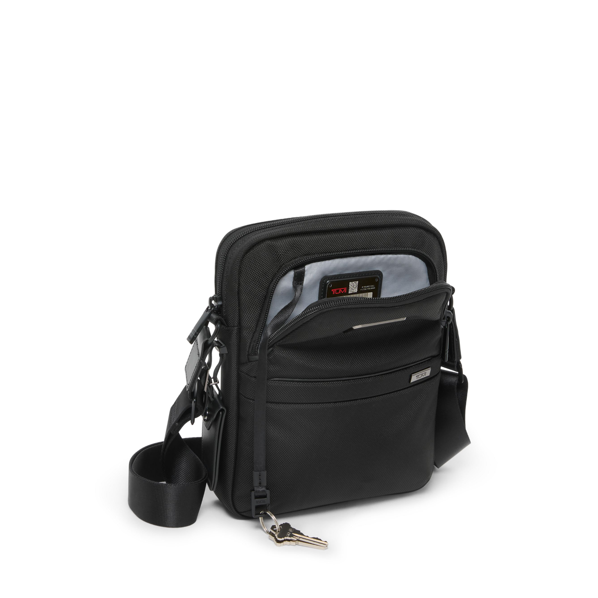 Tumi Alpha Medium Crossbody bag featuring a durable black