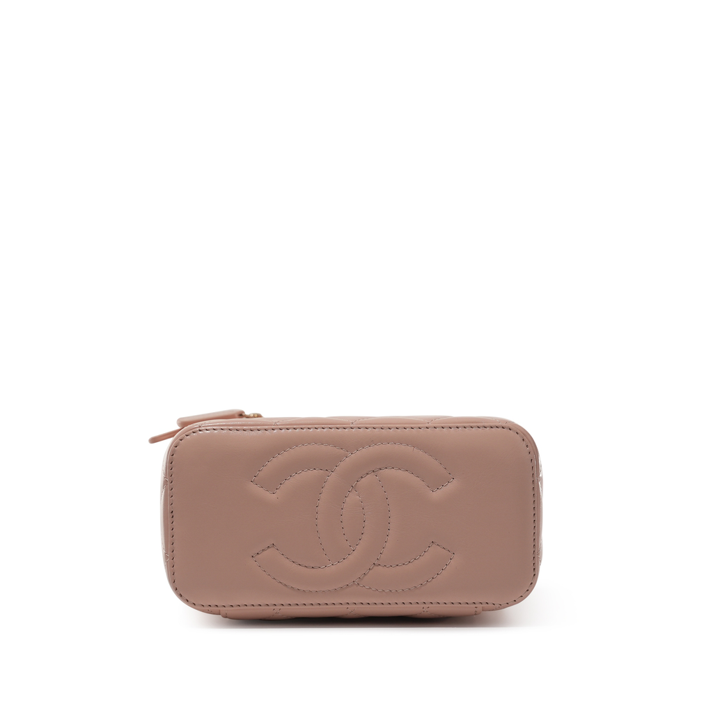 Chanel Pink Quilted Lambskin Long Vanity Case with brushed gold hardware