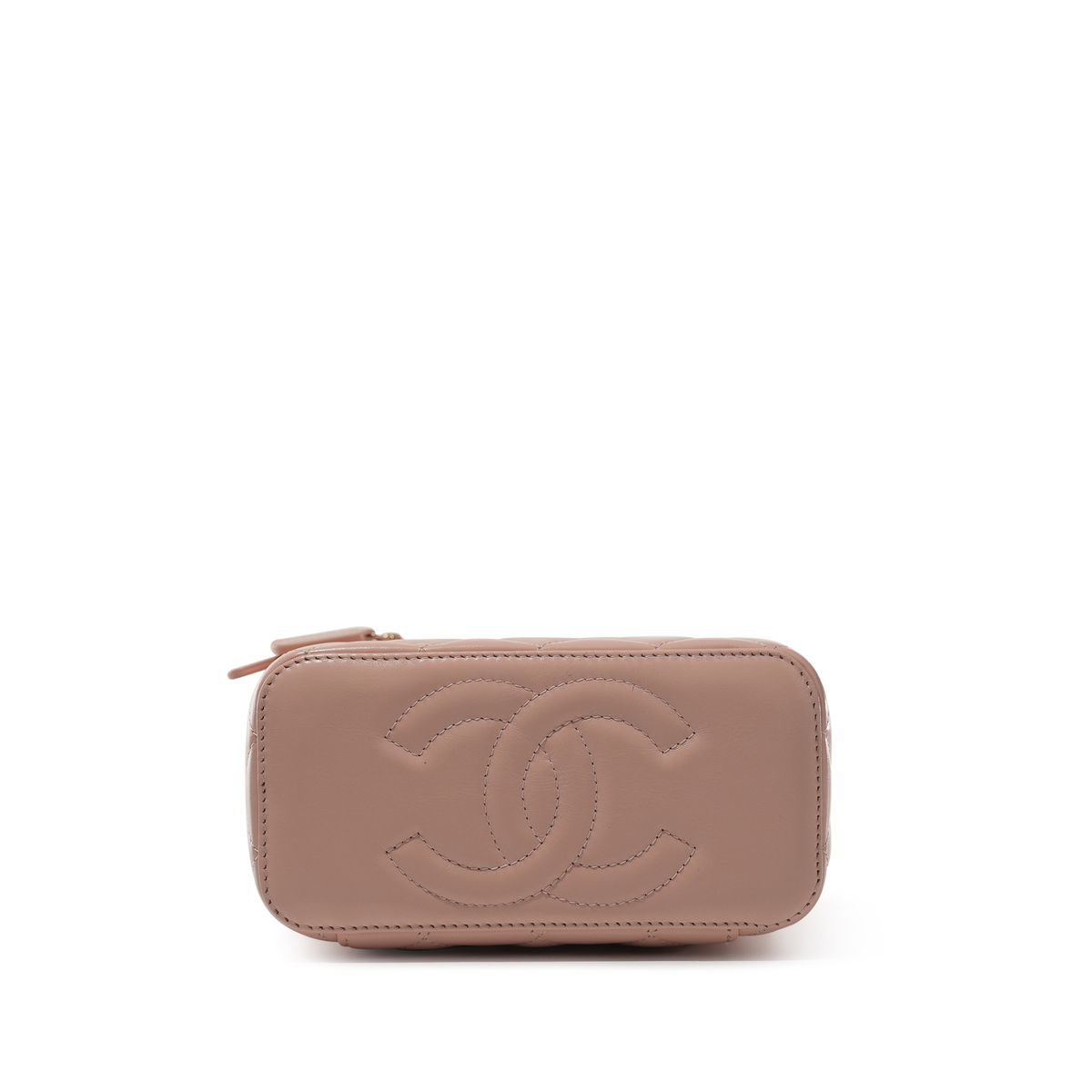 Chanel Pink Quilted Lambskin Long Vanity Case with brushed gold hardware