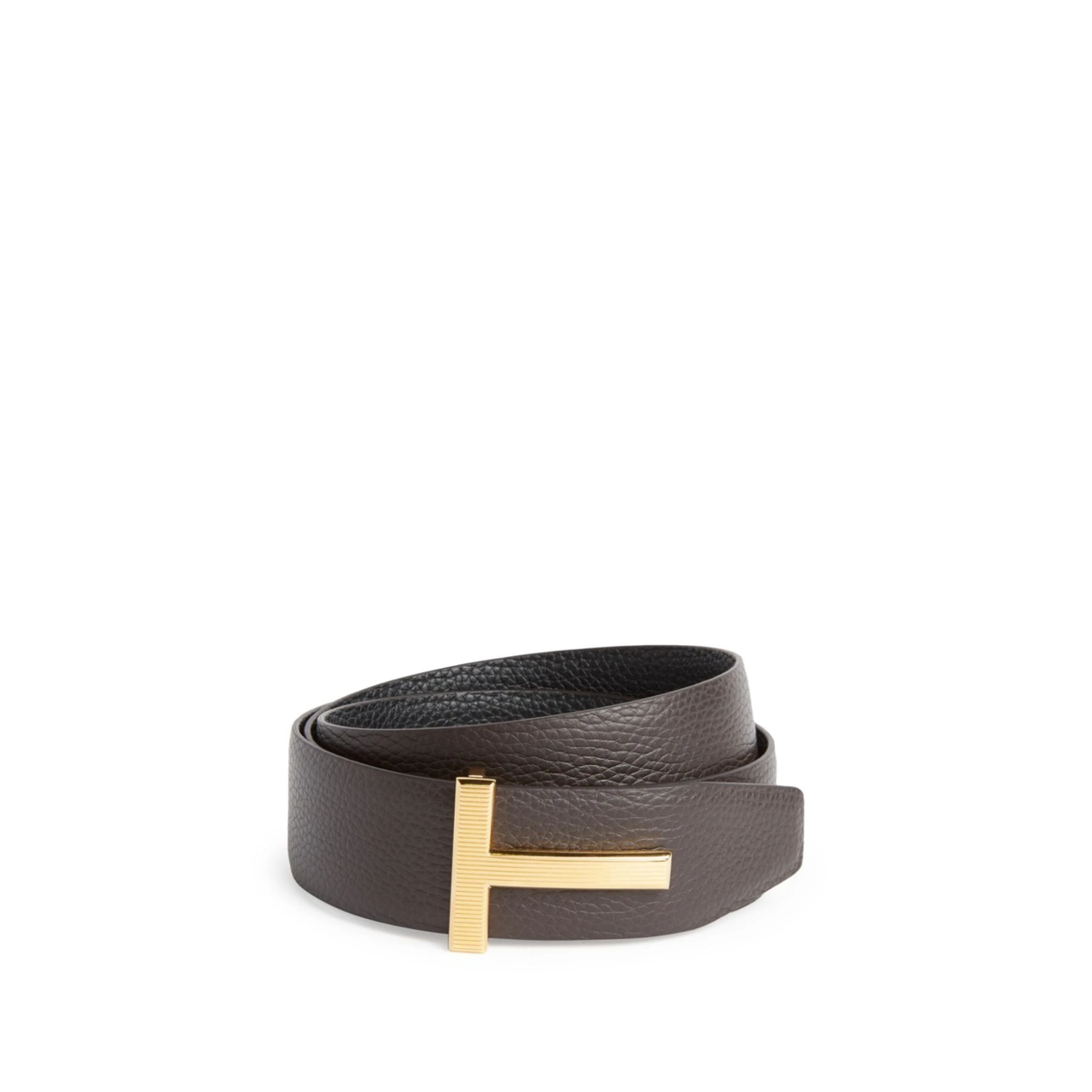Tom ford leather belt featuring a gold tone ridged T buckle — view 1