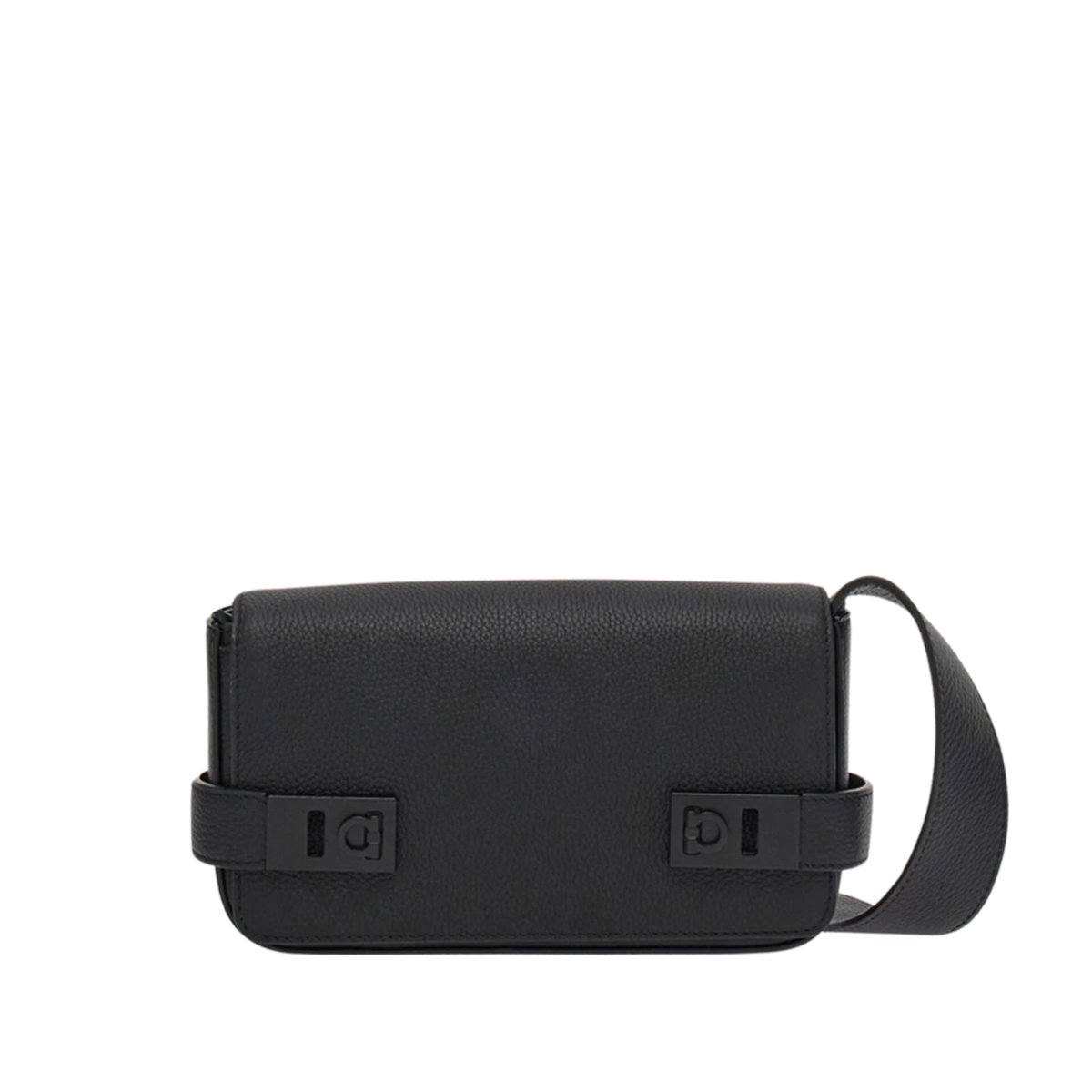 Ferragamo Gancini Buckle Leather Messenger Bag in black calfskin