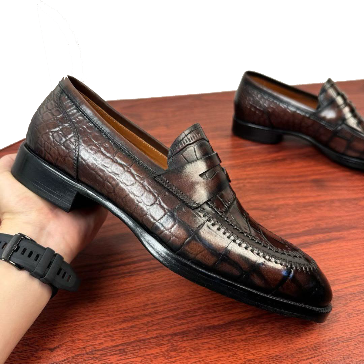 Berluti Paris croc embossed loafers feature a brown leather