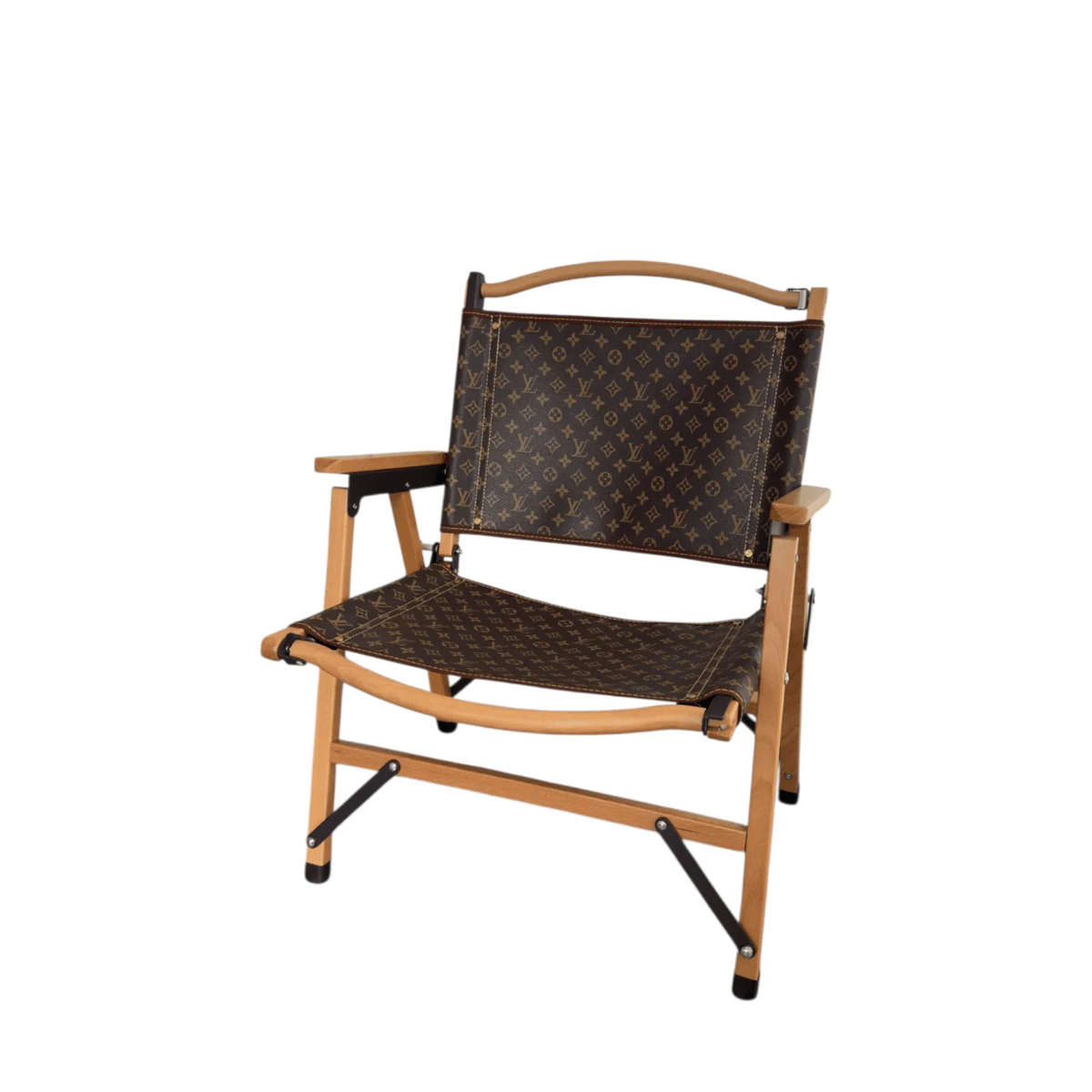 Louis vuitton portable wooden folding armchair featuring a brown monogram patterned fabric sling seat — view 1