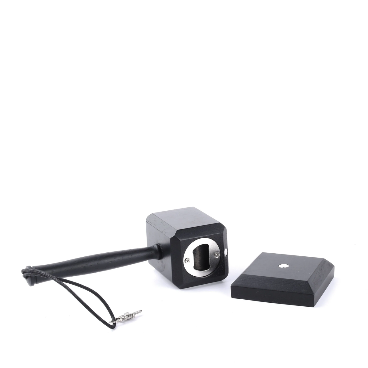 Chrome heart bottle opener shaped like Thors hammer with a wooden or black finish — view 2