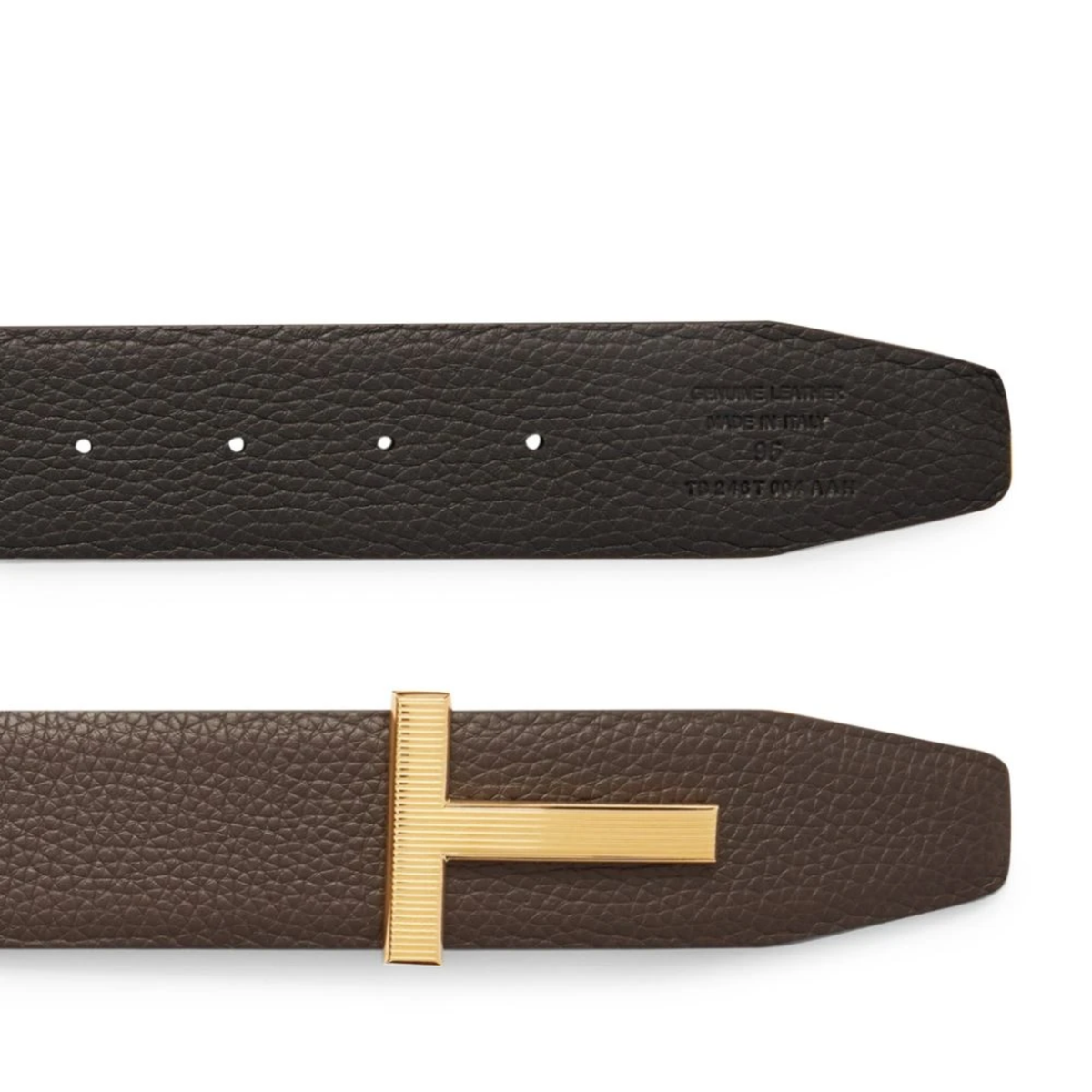 Tom ford leather belt featuring a gold tone ridged T buckle — view 2