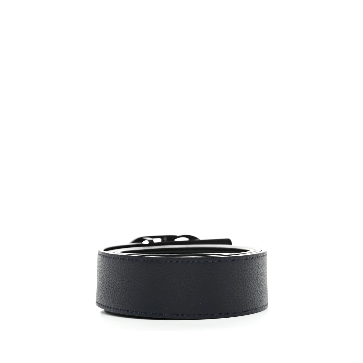 navy blue grained calfskin Christian Dior belt featuring a sleek dark metal CD logo buckle — view 2