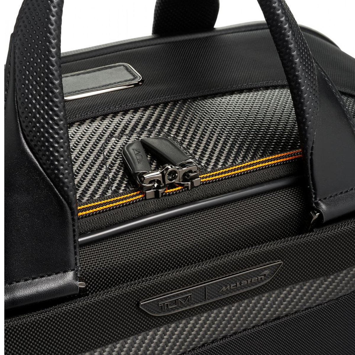 TUMI McLaren Quantum Duffel Bag in black with signature papaya orange accents — view 5