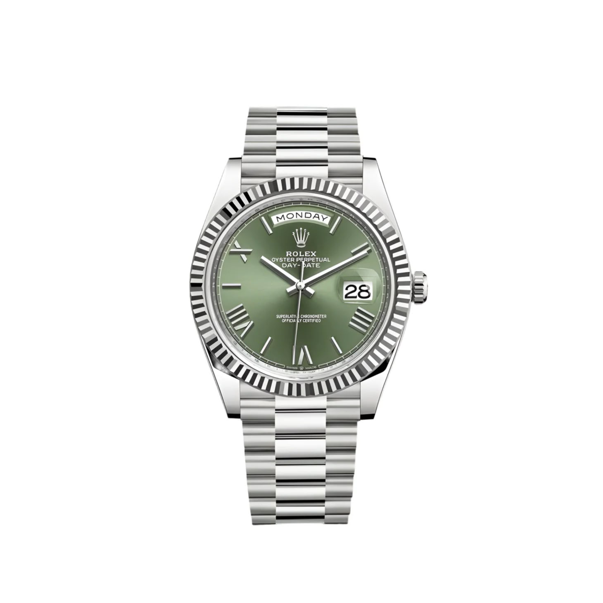 Rolex Day Date 40 in 18k white gold or platinum featuring an unmistakable olive green dia
