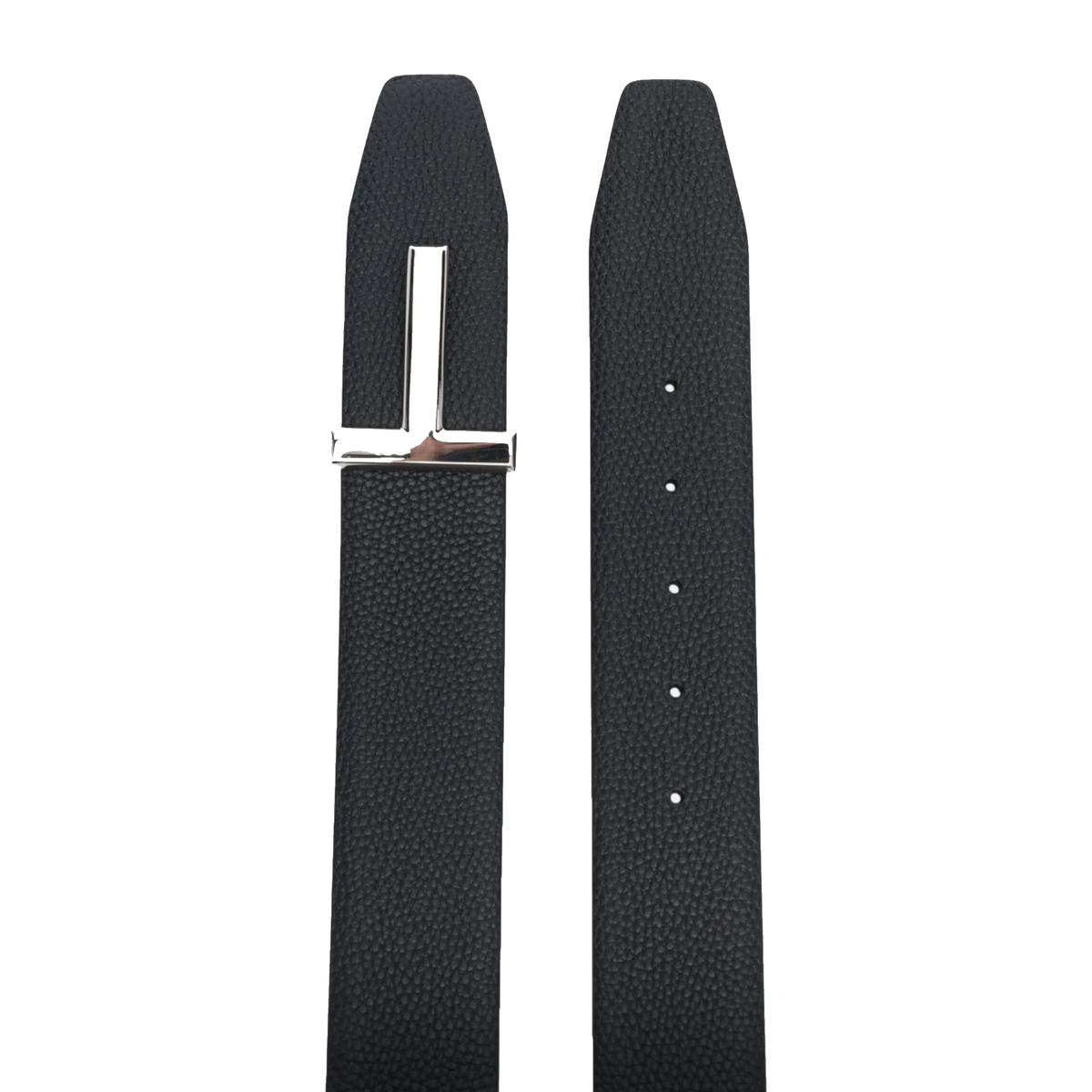 Tom Ford T Icon leather belt featuring a polished silver tone T shaped buckle — view 2