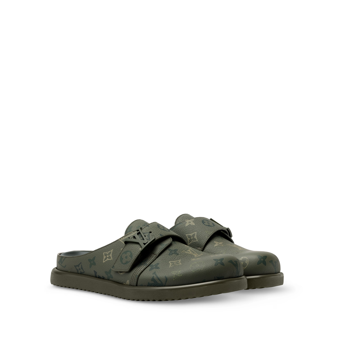 Louis Vuitton LV Easy Mules in the khaki Monogram Surplus pattern
