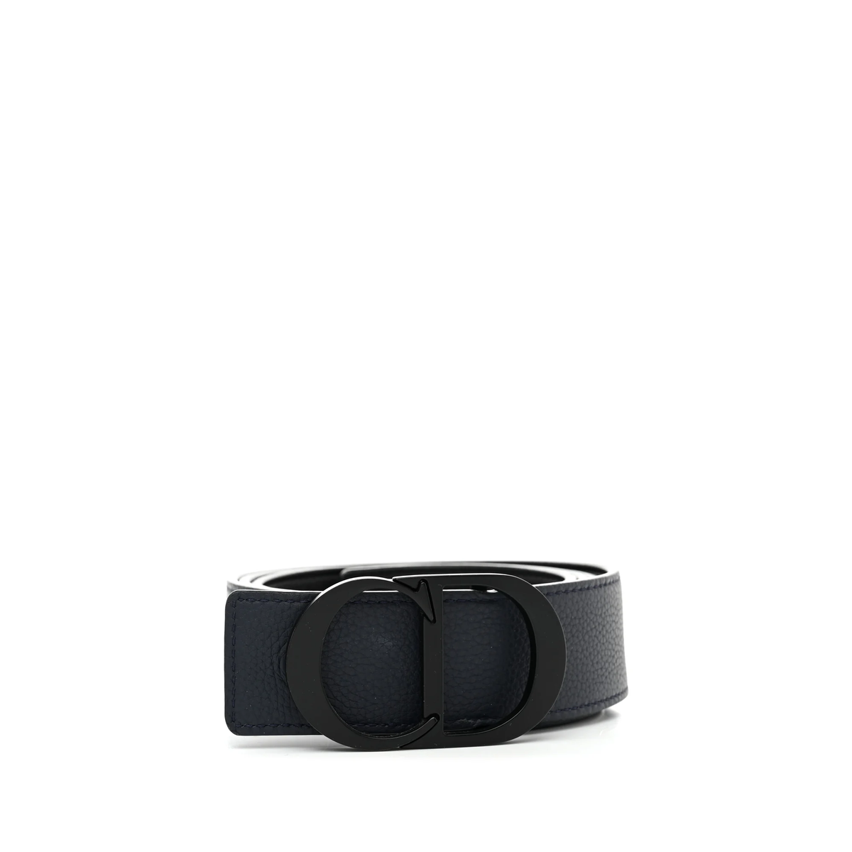 navy blue grained calfskin Christian Dior belt featuring a sleek dark metal CD logo buckle — view 1