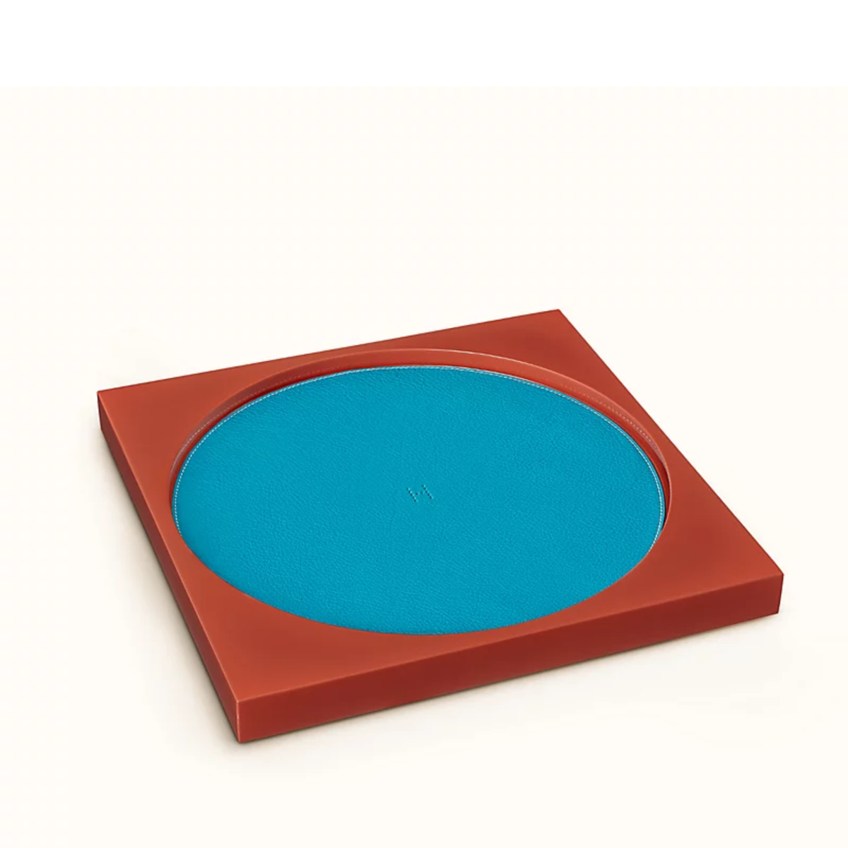 Hermès Manege Square Centerpiece in hand lacquered paprika wood with a bright blue circular leather — view 2