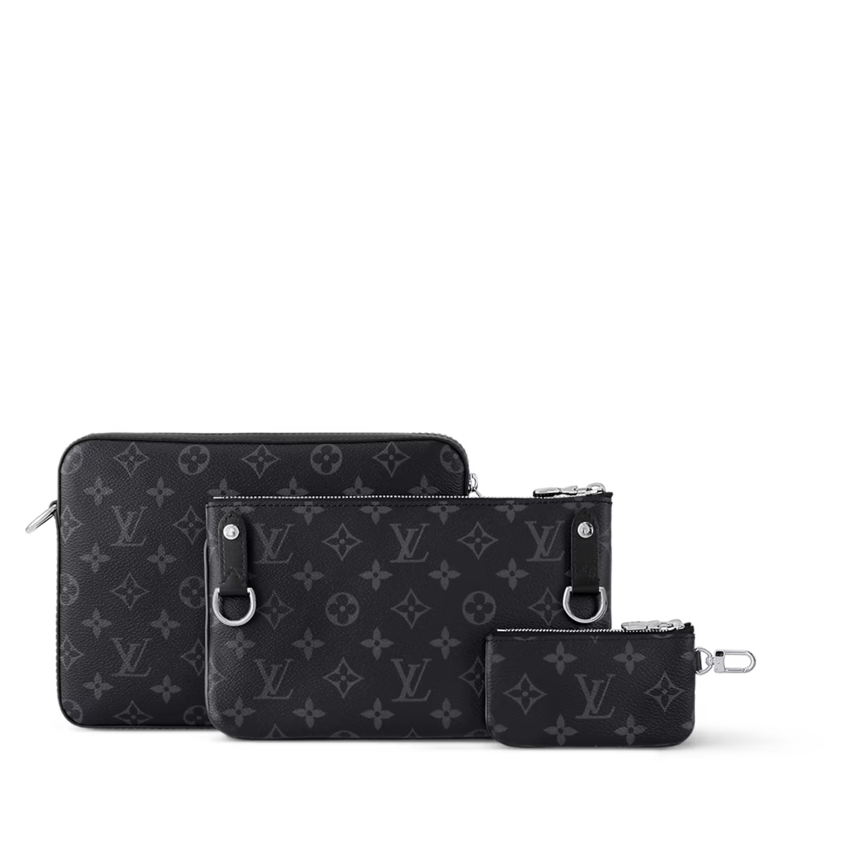 Louis Vuitton Trio Messenger bag in Monogram Eclipse canvas features a hybrid gray on gray patterned