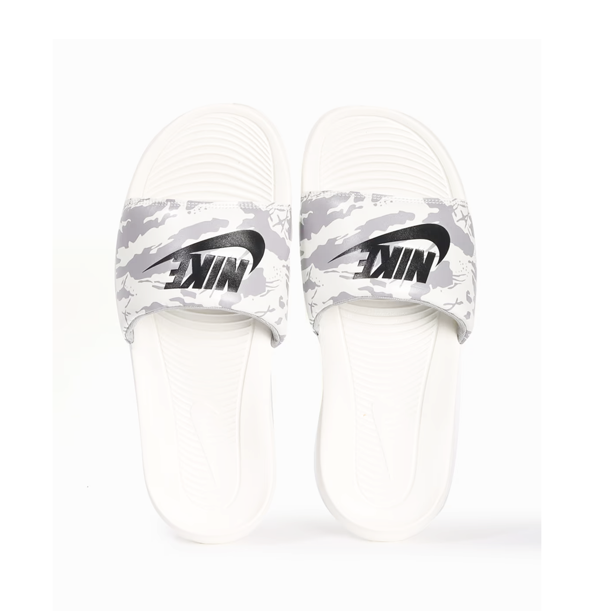 Nike Victori One Mens slides in white with a camouflage style print and black logo