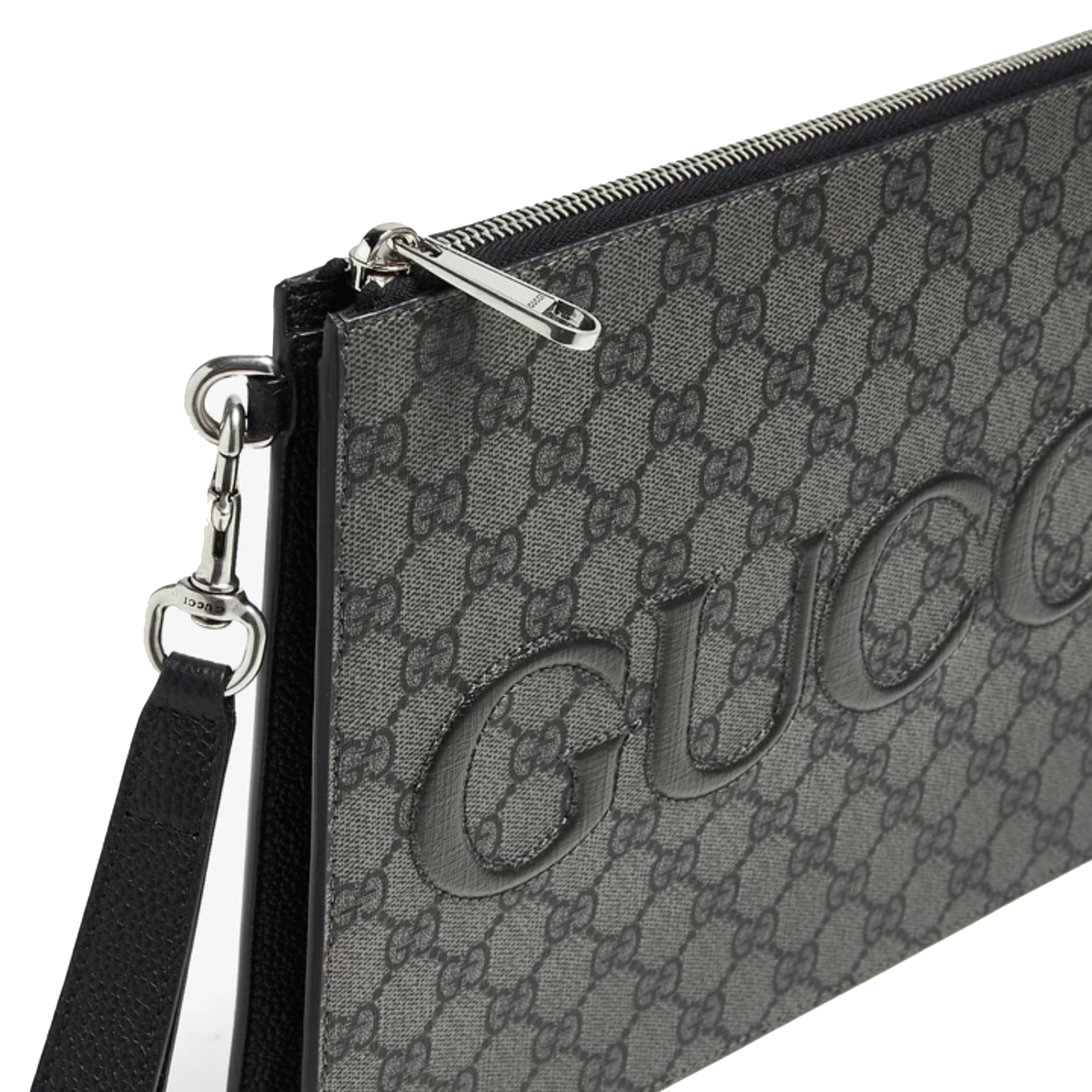 Gucci Inlaid Logo GG Supreme Canvas Clutch in grey and black — view 3