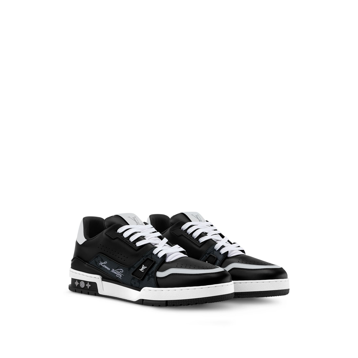 Louis Vuitton LV Trainer is a luxury sneaker featuring a black grey and white