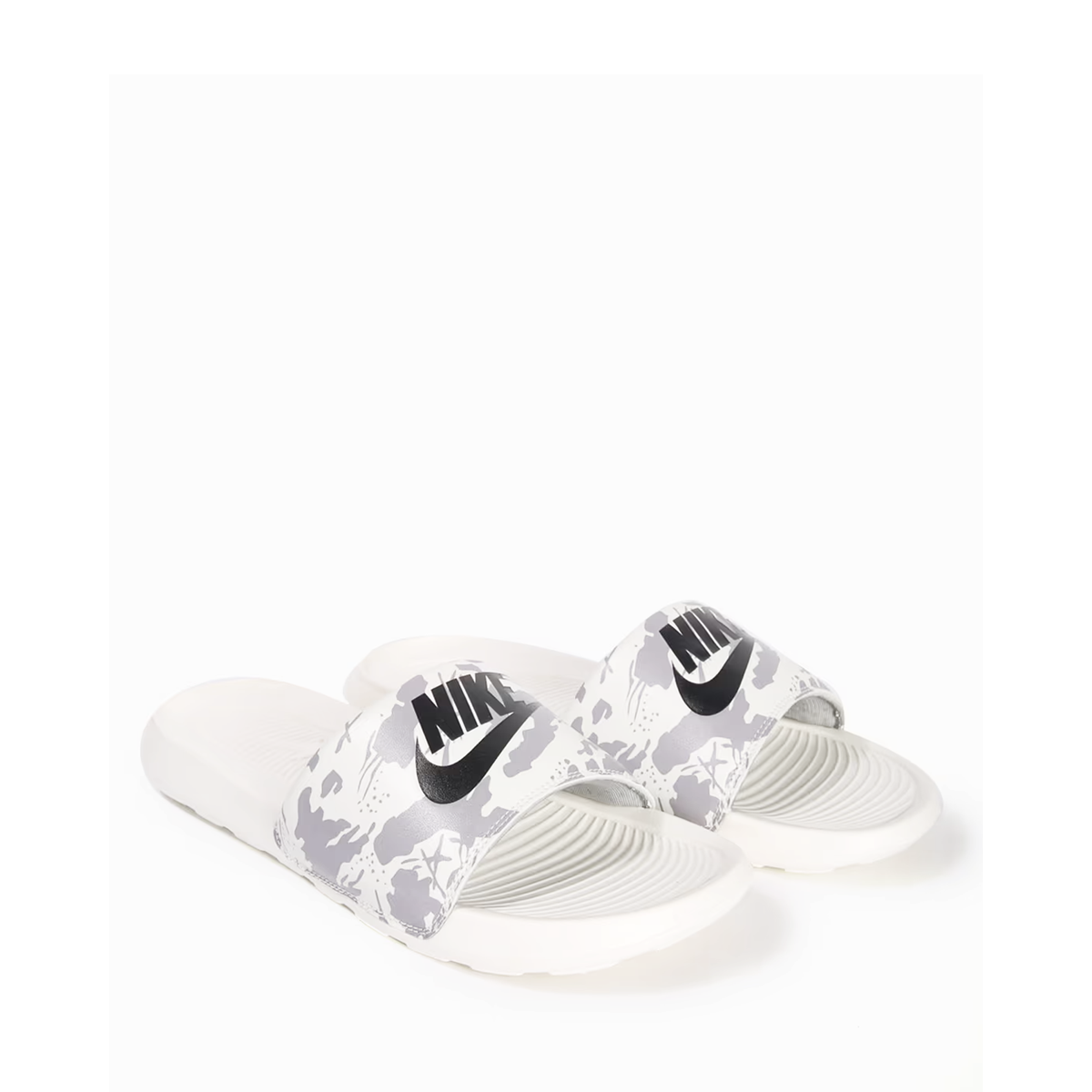 Nike Victori One Mens slides in white with a camouflage style print and black logo