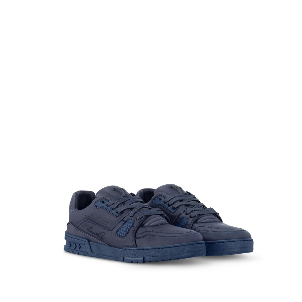 Louis Vuitton LV Trainer Distressed Sneaker in navy blue is crafted from vintage