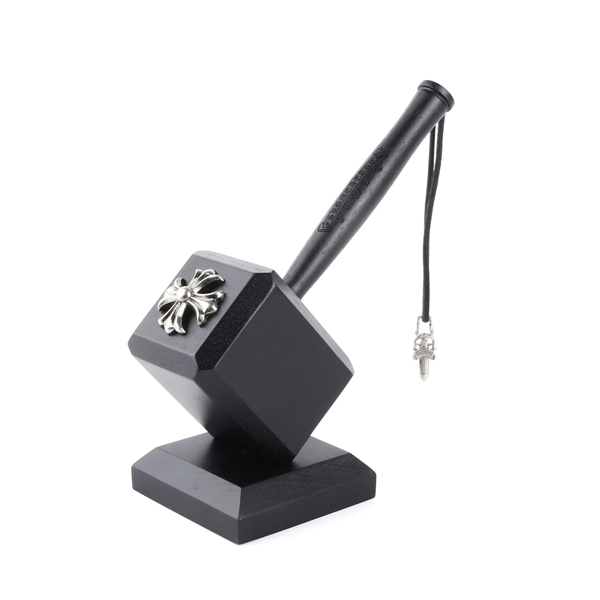 Chrome heart bottle opener shaped like Thors hammer with a wooden or black finish — view 3