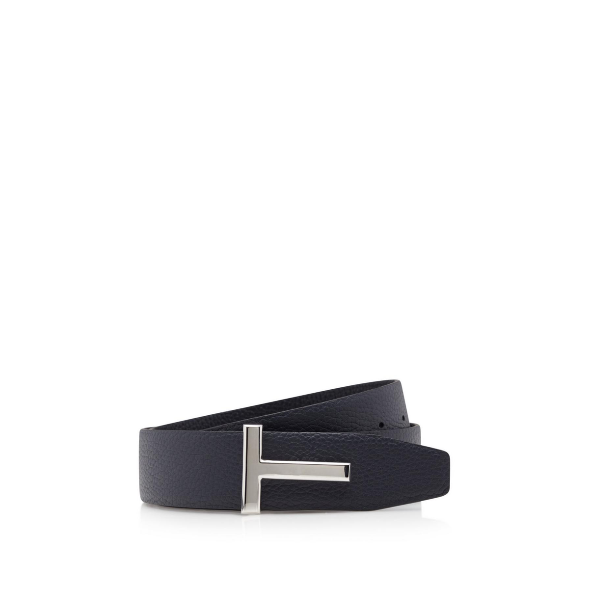 Tom Ford T buckle belt is crafted from dark navy grained calf leather