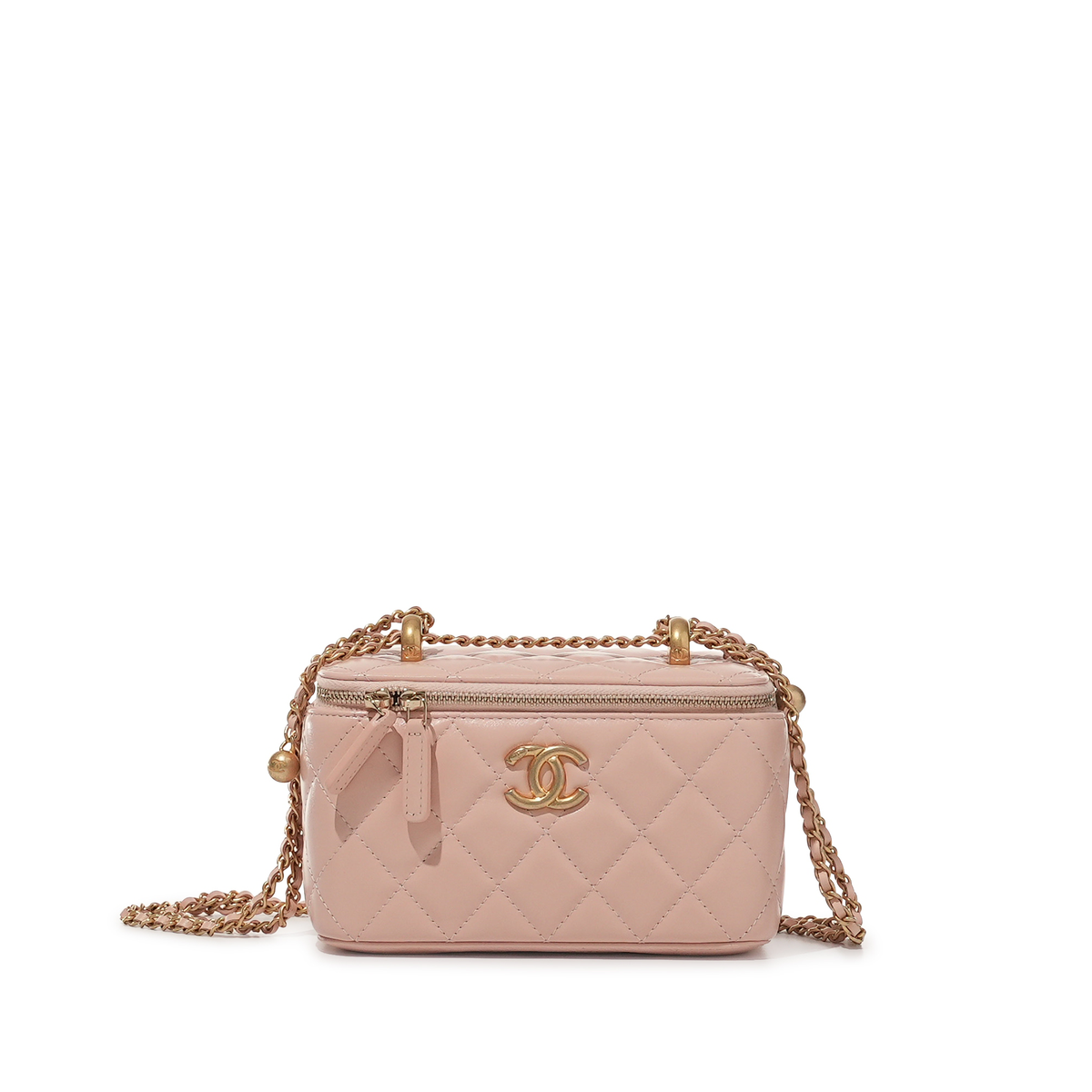 Chanel Pink Quilted Lambskin Long Vanity Case with brushed gold hardware