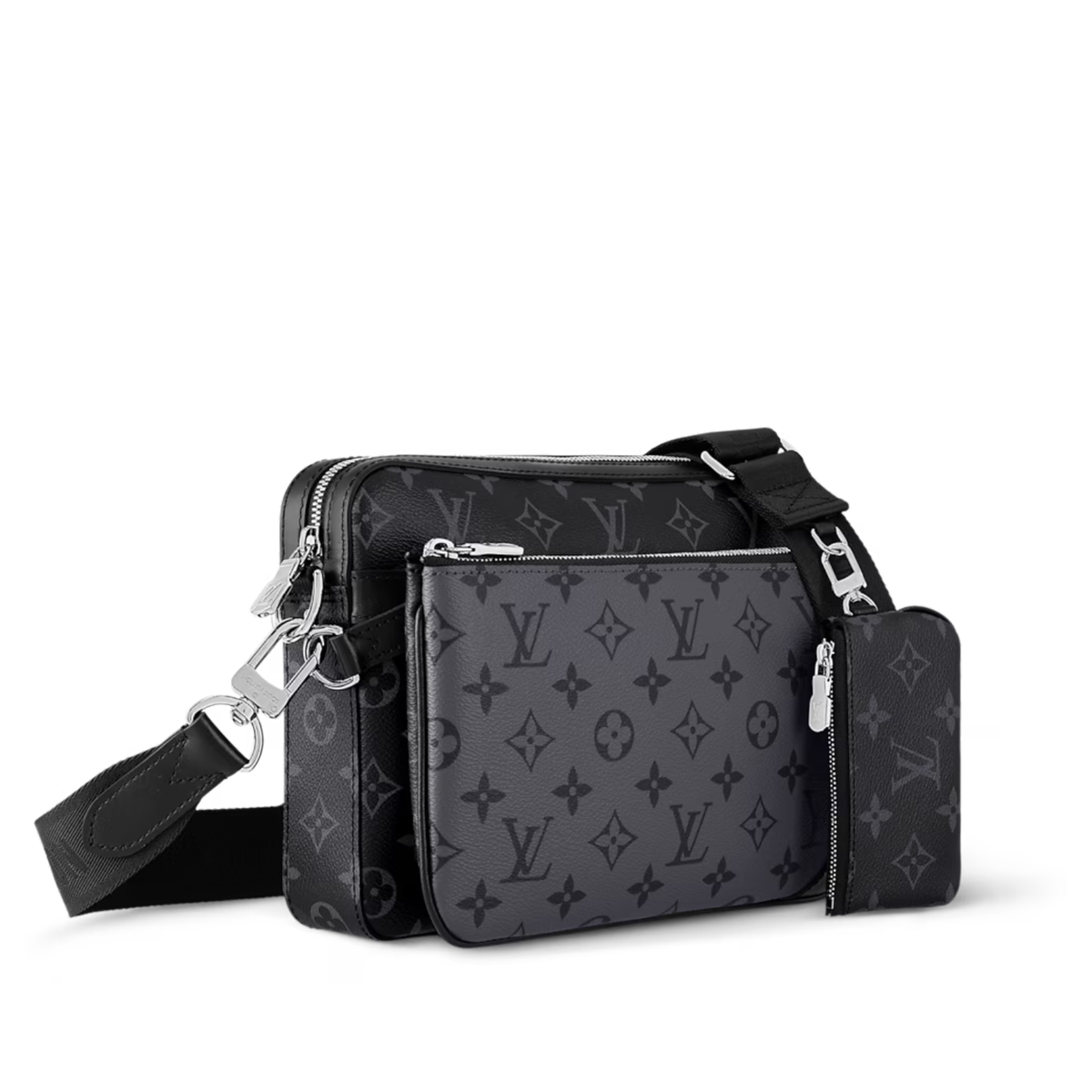 Louis Vuitton Trio Messenger bag in Monogram Eclipse canvas features a hybrid gray on gray patterned