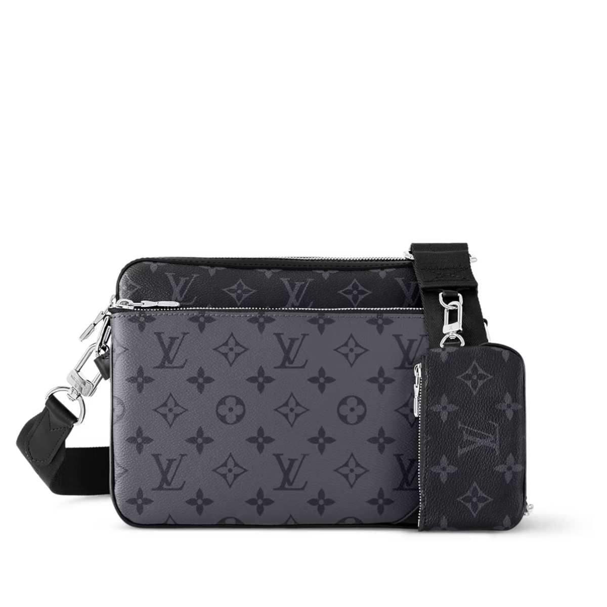Louis Vuitton Trio Messenger bag in Monogram Eclipse canvas features a hybrid gray on gray patterned