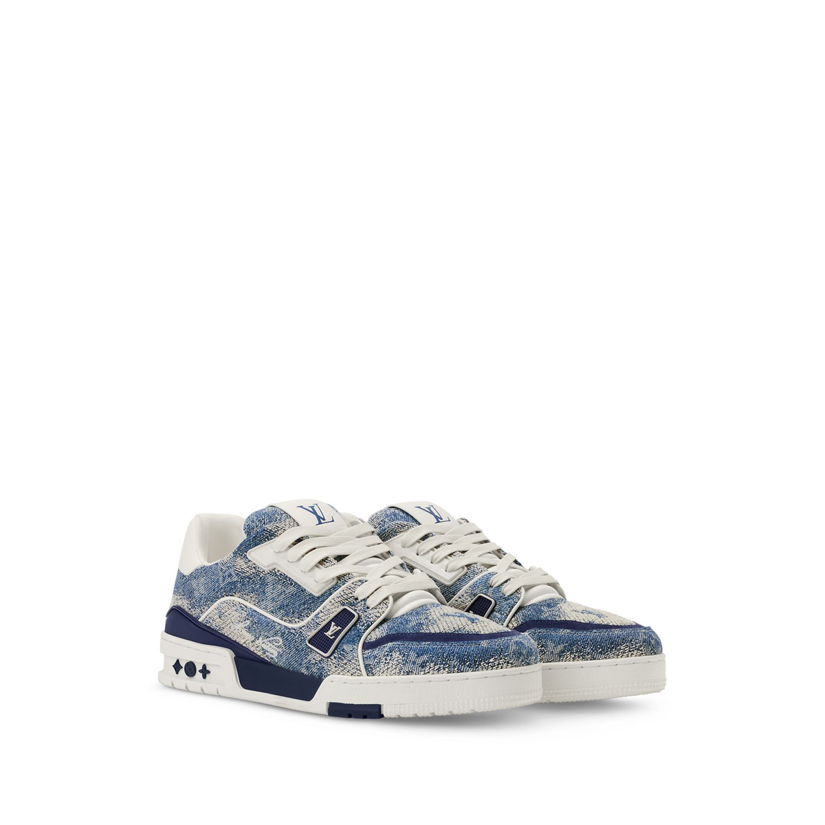 Louis Vuitton LV Trainer Sneakers crafted from blue Monogram denim with a cloud like effect