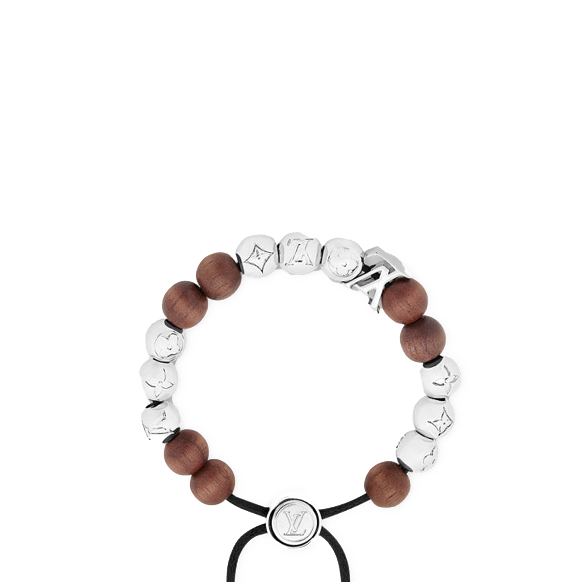 Louis Vuitton LV Surfin Beads Bracelet featuring silver toned beads and dark wood beads