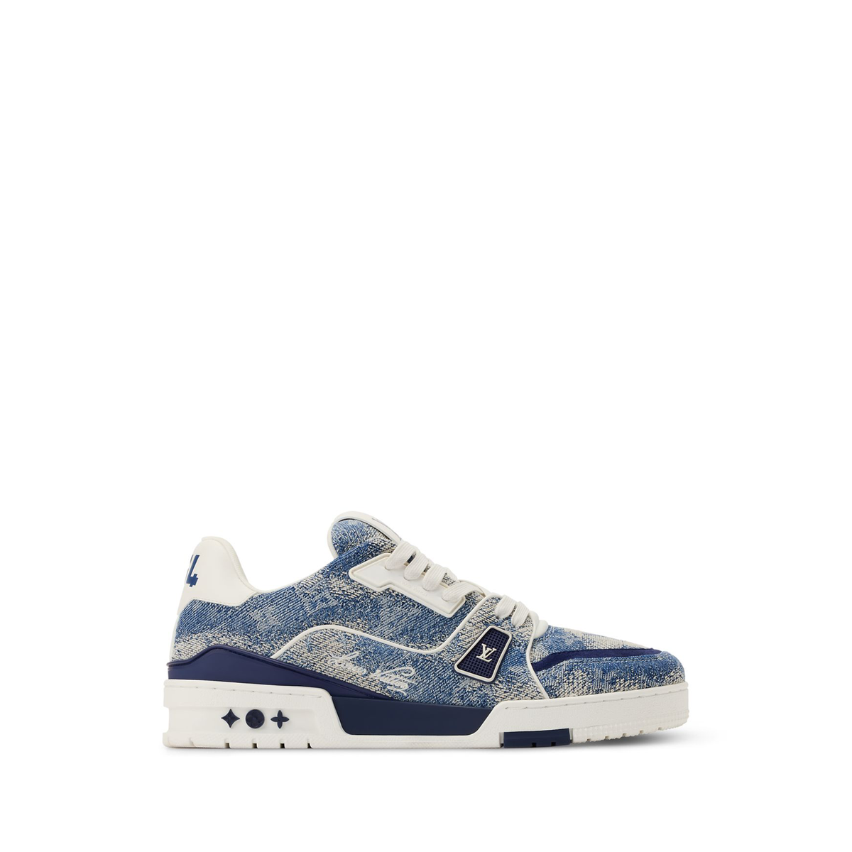Louis Vuitton LV Trainer Sneakers crafted from blue Monogram denim with a cloud like effect